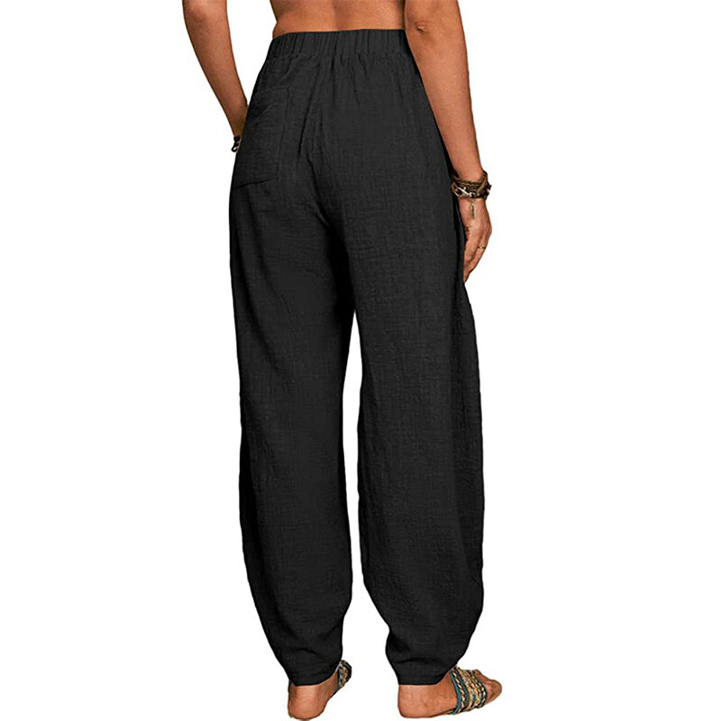 กางเกงฮาเร็มสำหรับผู้หญิงกางเกงชายหาดสไตล์โบฮีเมียนเอวยางยืดมีกระเป๋าสีทึบกางเกงขาม้าฤดูร้อน