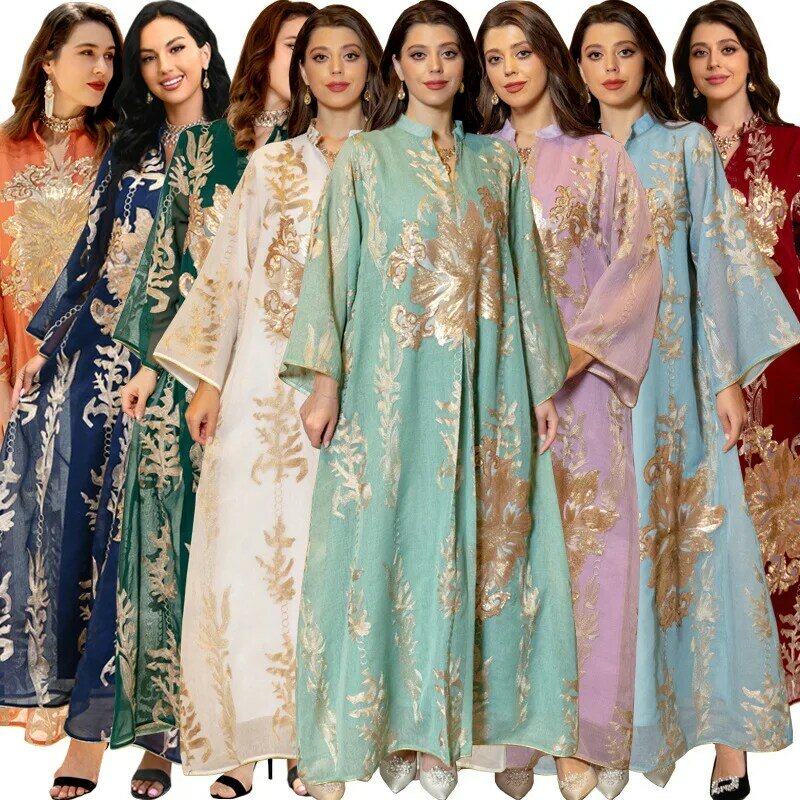 Robes Maxi musulmanes pour femmes, fil brodé de perles dorées du Moyen-Orient, ensembles de robes de soirée musulmanes pour femmes