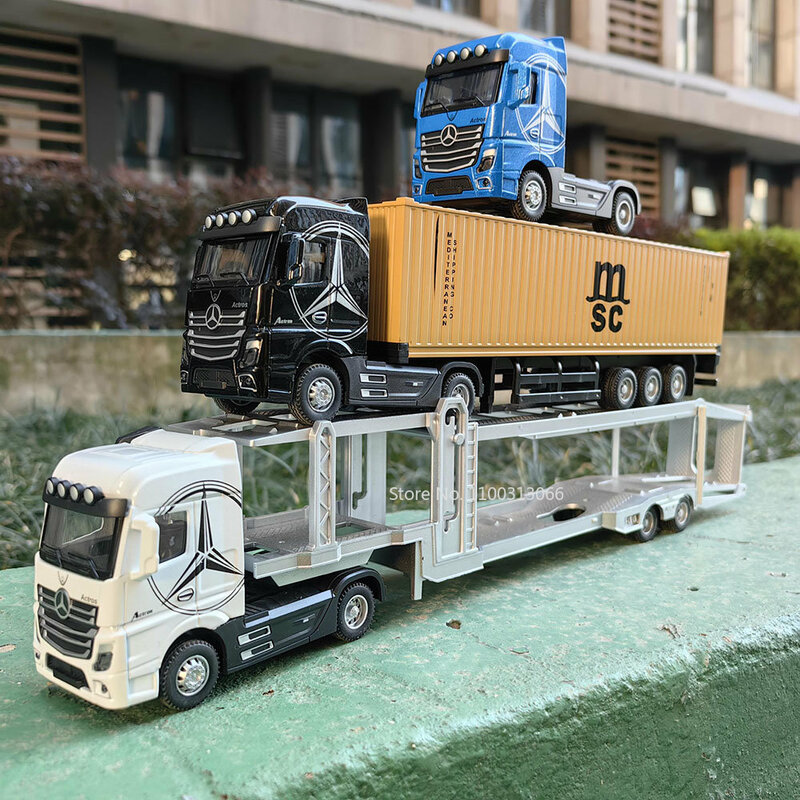 Grande Diecast Alloy Container Truck, 1:50 Container, Puxe para trás, Som e Luz, Modelo de veículo de transporte