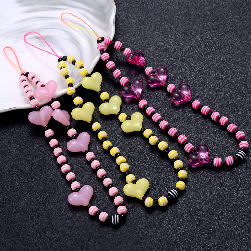 8 colori moda acrilico perline rotonde a forma di cuore catene per cellulare accessori per gioielli da donna con cordino a catena in acrilico anti-perso