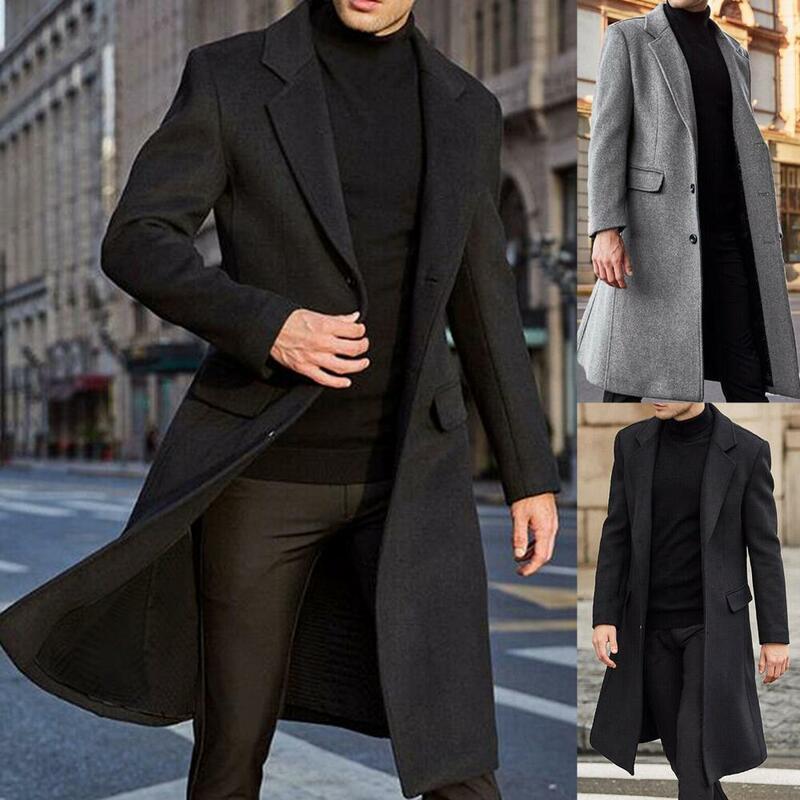 HOTWinter Men z długim rękawem na guziki kurtka kurtka trencz średniej długości