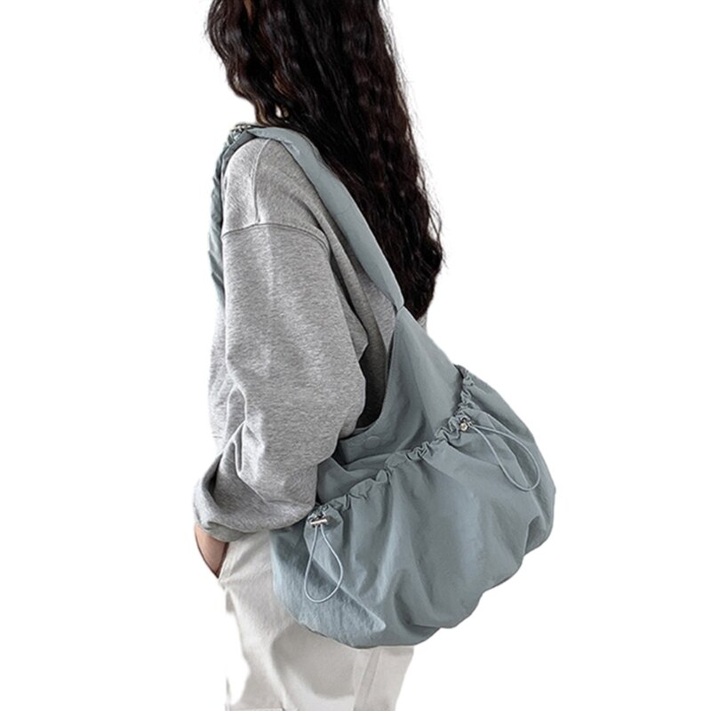 Bolsa ombro com cordão plissado Bolsa versátil capacidade Bolsa nylon para menina