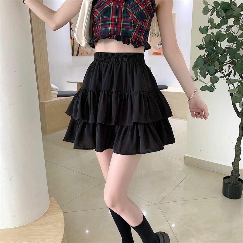 HOUZHOU-Falda corta con volantes Kawaii para mujer, moda coreana, cintura alta elástica, minifalda lisa de línea A, Lolita, informal, Verano