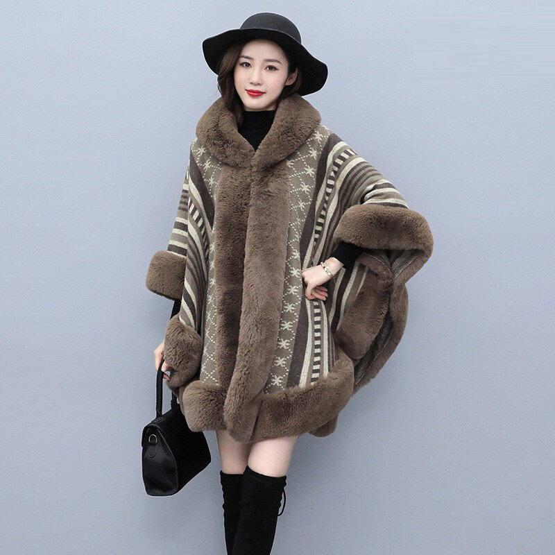 2023 Winter New Women Imitation Fur Cloak Woolen Coat Mid Length Version Thick Warm Outwear Fashion Vintage Hooede Cape Outcoat