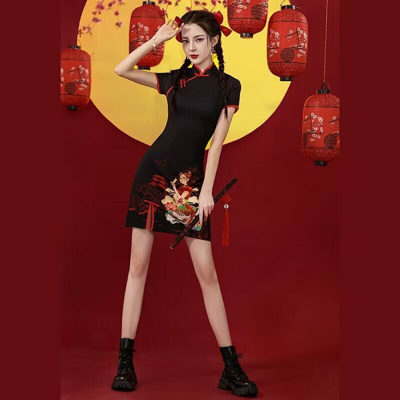 Cheongsam preto vintage feminino, cheongsam de meninas jovens, estilo chinês curto, mulheres aprendem, vestido de qipao moderno, vestido melhorado