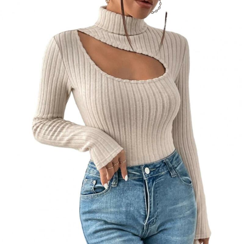 Женский трикотажный пуловер с высоким воротником, длинным рукавом