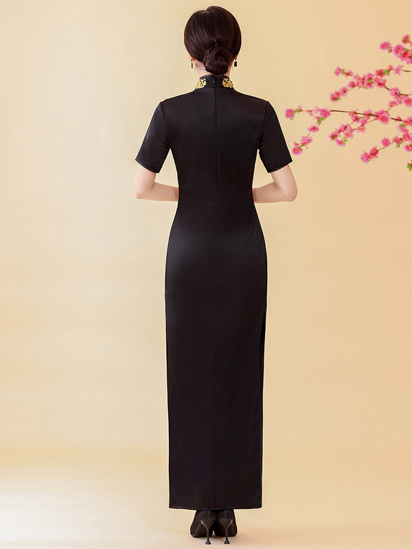 Женское атласное платье-Ципао с коротким рукавом и вышивкой