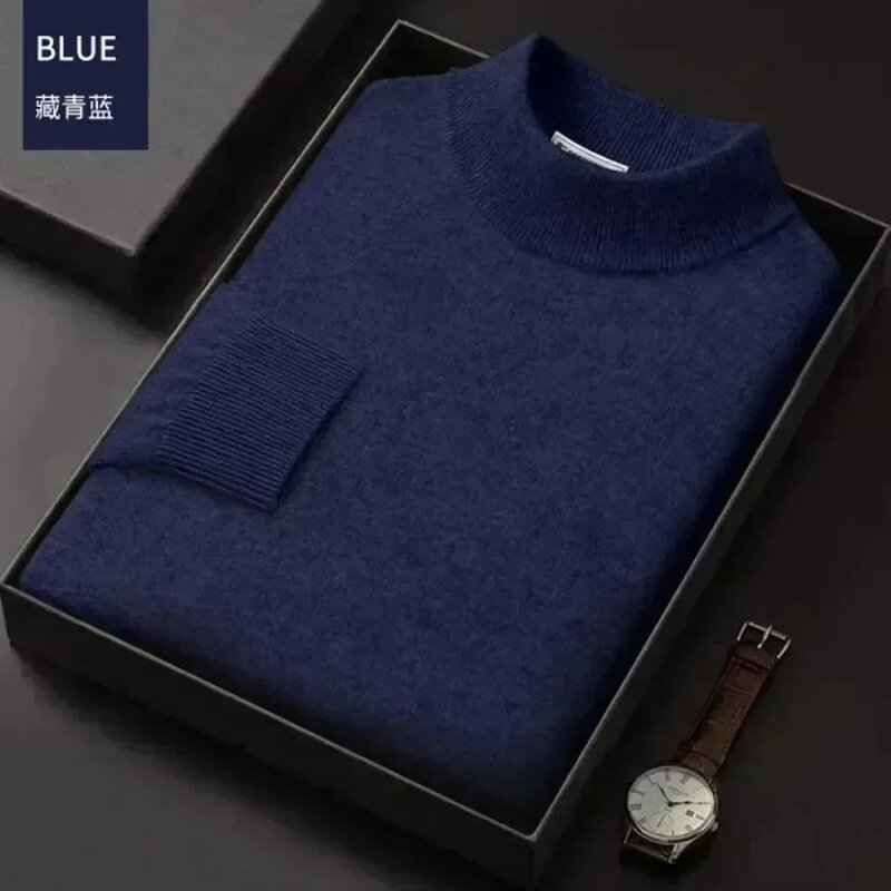 New 2024 Men's Mock Collar 100% Pure Woolen Sweater Tops Autumn Winter Cashmere Sweater Men Pullover Knitted Warm Sweater Male