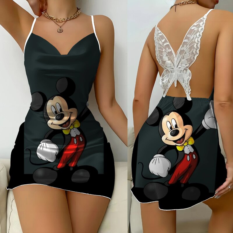 Rok piyama gaun rumah simpul pita gaun seksi Minnie Mouse Mickey Disney permukaan Satin mode Musim Panas 2024 pesta Mini baru