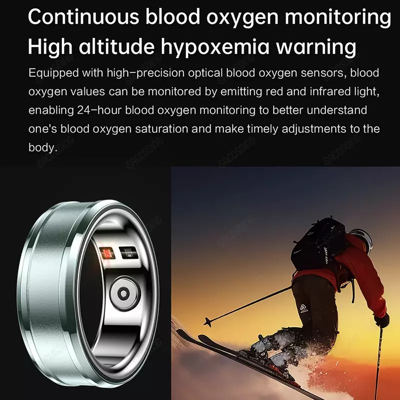 جهاز تعقب اللياقة البدنية الذكي ، جهاز رصد معدل ضربات القلب ، الخواتم الرقمية للإصبع ، الأكسجين في الدم ، عداد الخطى للنوم ، درجة حرارة الجسم ، الصحة
