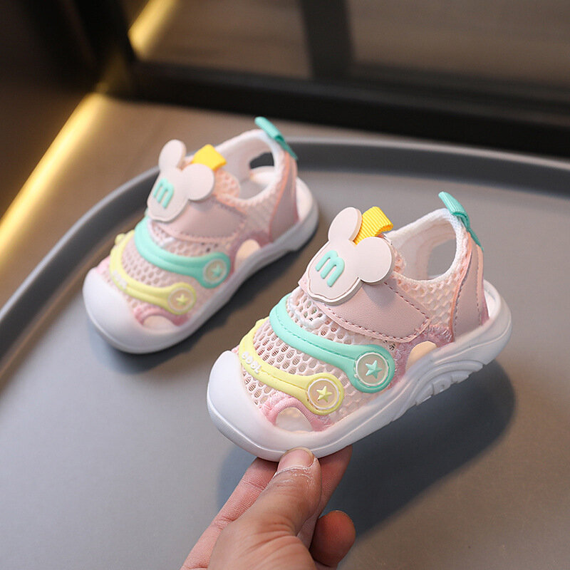 Sandalias de verano para bebés, Zapatillas de malla transpirable para recién nacidos, primeros pasos, zapatos de ratón de dibujos animados para niñas