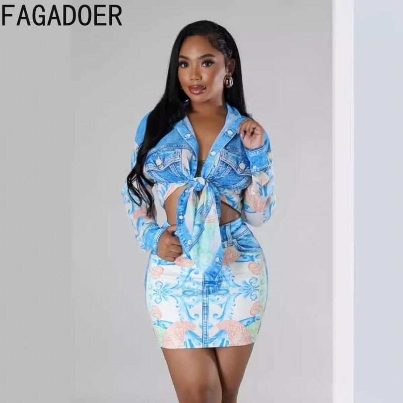 FAGADOER Blue Retro Print Shirts Two Piece Sets Women Turndown Collar Button Long Sleeve Top And Mini Skirts Outfits Clothing