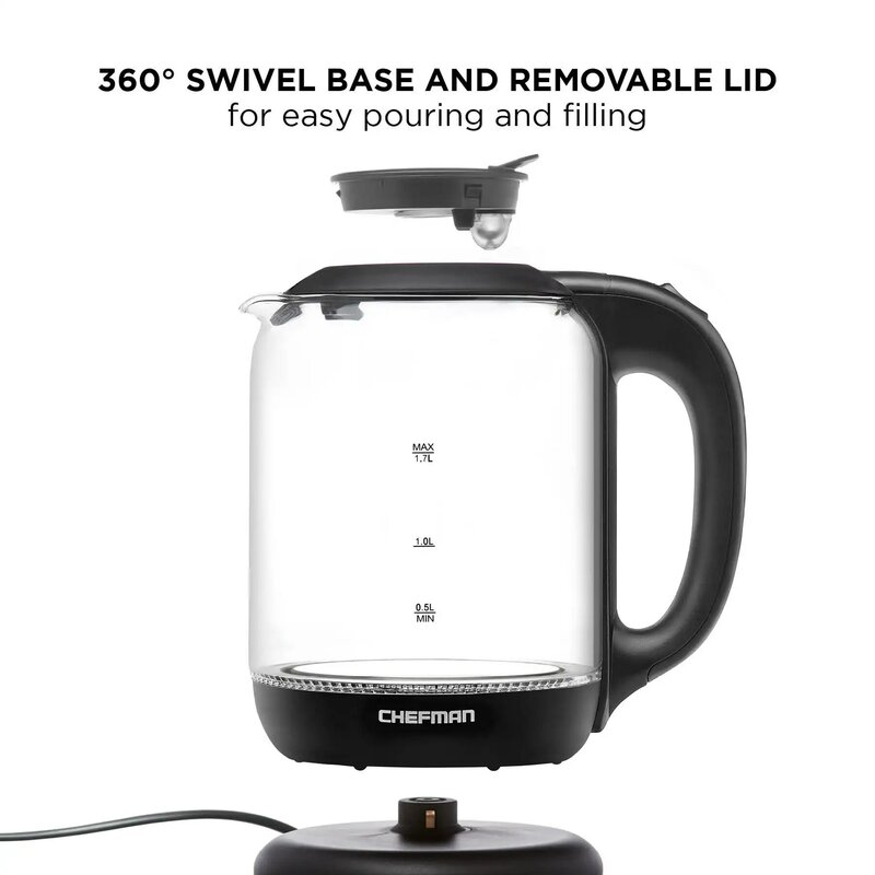1.7 Liter Rechargeable Kettle with Easy-to-Remove Lid and LED Indicator  Black