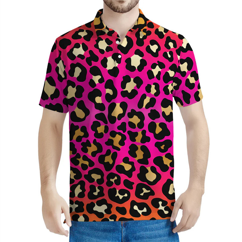 Camisa polo gráfico Leopardo colorida para homens e mulheres, impressa em 3D, manga curta, verão, personalidade, rua, solta, lapela tees