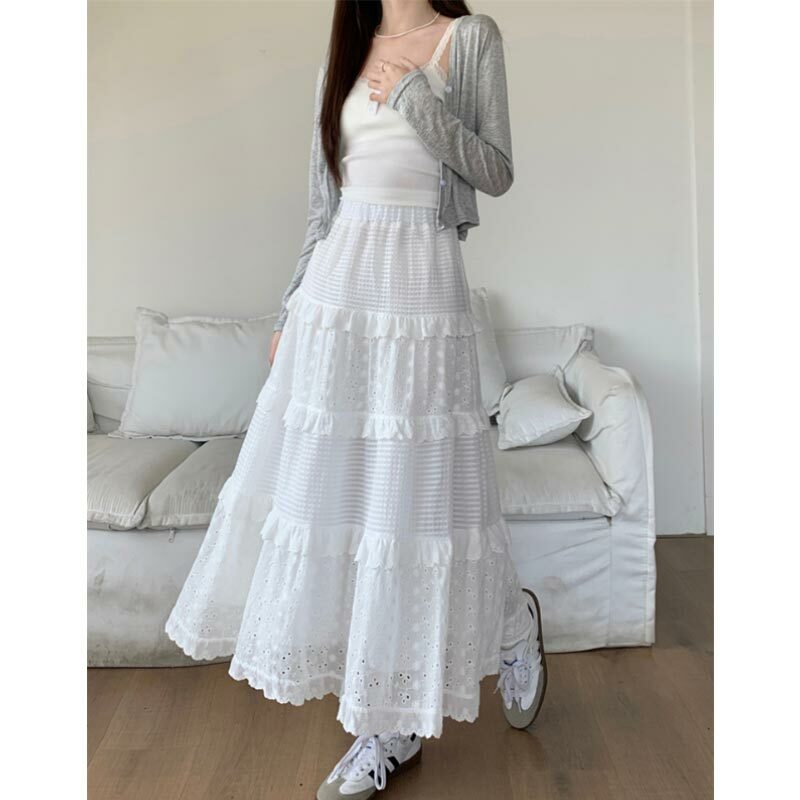 Lace White Long Skirt for Women Spring Summer High Waist A-Line Skirt Sweet A Line Cake Midi Skirts Y2k Female Clothing