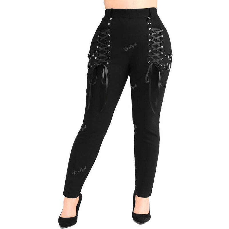 ROSEGAL Plus Size Black Pencil Pants Lace Up Pockets Buckle Pull On Leggings Women Streetwear Casual Bottoms Trousers Mujer
