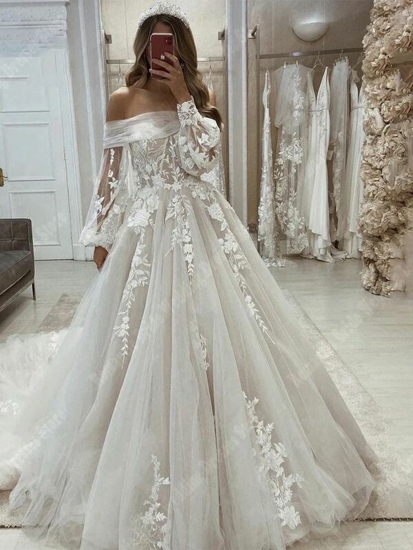 Błyszczące damskie tiulowa suknia ślubna z ramion brokatowe suknie ślubne najnowsze eleganckie linie długie rękawy Vestidos De Novias