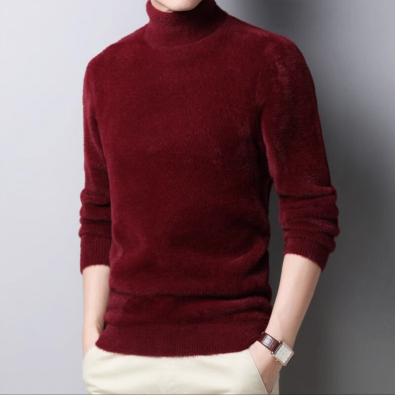 Sweater rajut Mink pria, atasan M-4XL kerah tinggi hangat, baju dasar baru musim gugur dan dingin, pullover kasual, Sweater rajut wol Mink 2024