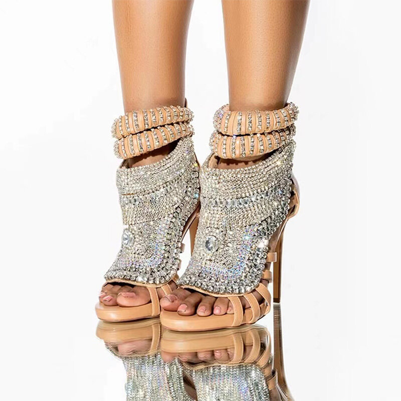 Saltos estilete de diamante de luxo para mulheres, vestido de festa feminino, sapatos Glitter Mule, tamanho grande 47, strass