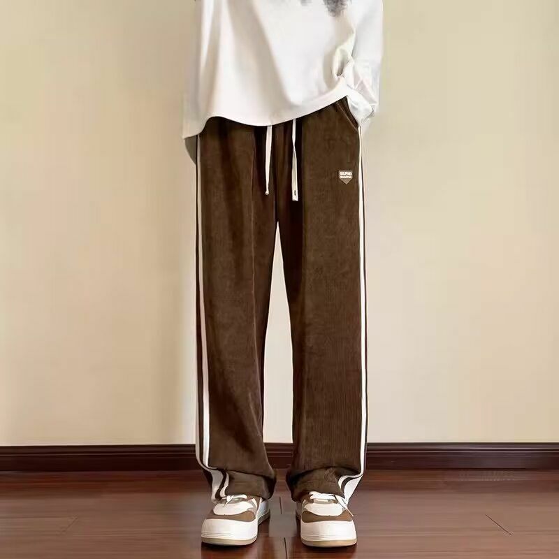 American Style Autumn Casual Pants Men's Corduroy Elastic Waist Drawstring Pocket Striped High Street Loose Straight Trousers