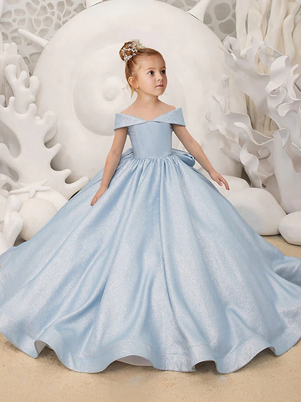 Hellblaue Blumen mädchen kleider einfache Schleife elegante Prinzessin Satin Ballkleid für Kinder Geburtstags feier Erstkommunion Kleid