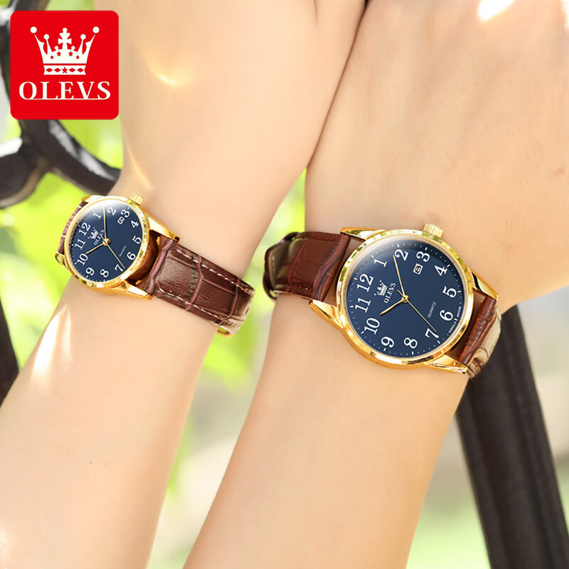 OLEVS 남녀공용 탑 브랜드 럭셔리 커플 시계, 가죽 날짜 쿼츠 시계, 연인 손목시계, Relogio Masculino 패션