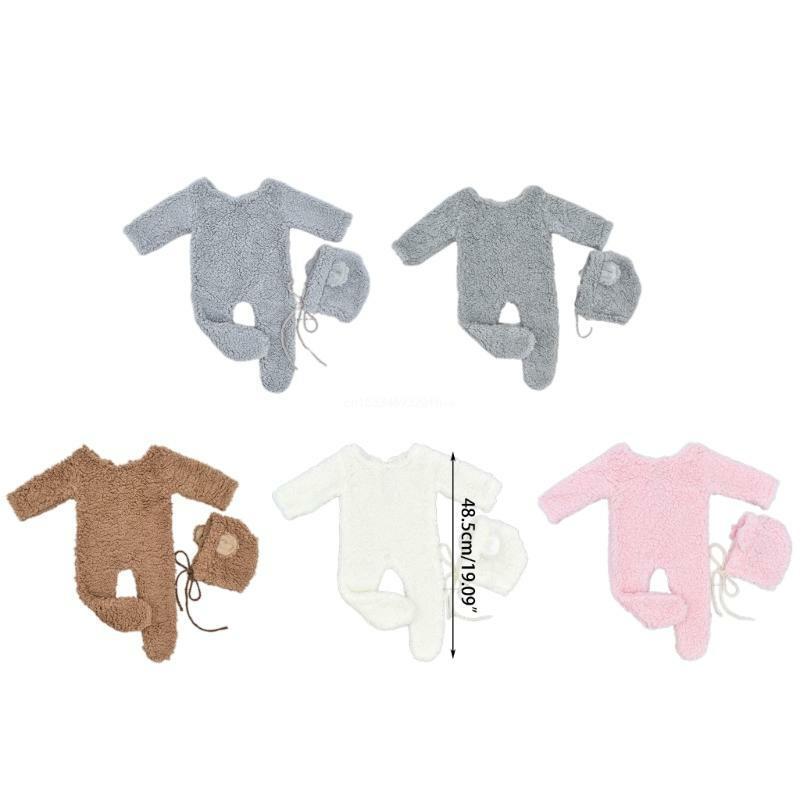 2Pcs Photography Props for Baby Boy Girls Unisex Jumpsuit Bear Ear Hat Footed Romper Newborn Photoshooting Accessories