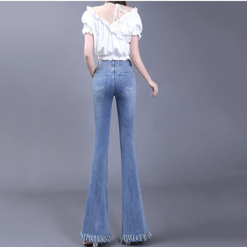 Rough Selvedge Cowboy Bell-Bottoms Women Autumn New High-Waist Contrast Color Slim High-Hanging Slim And  Denim Micro-Trousers