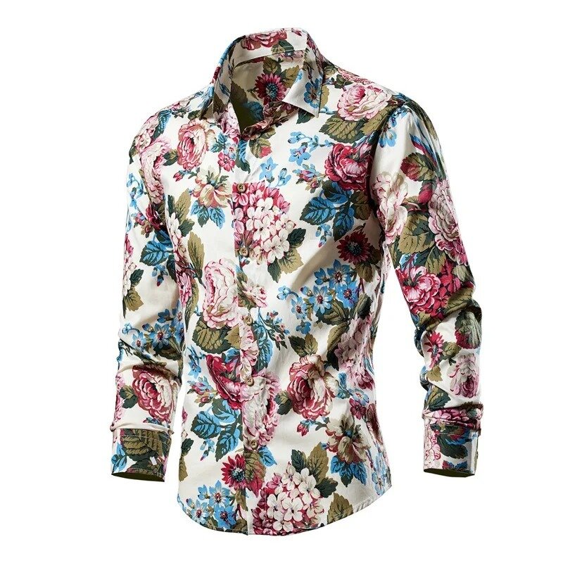 Camisa de flores multicoloridas masculina, tamanho grande, blusa de lazer masculina, covert lapela slim fit, cardigã, verão, moda primavera, nova