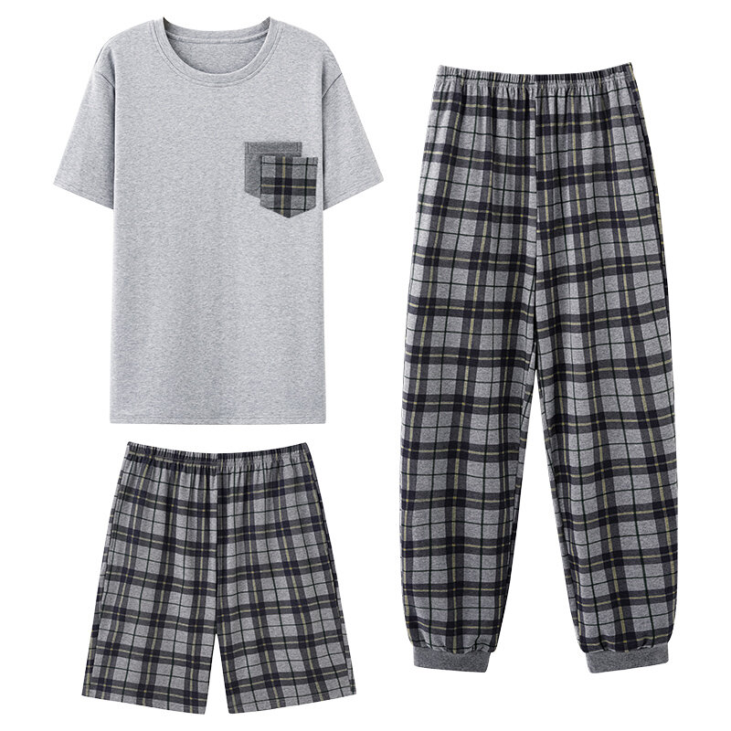 Topos + calças curtas + calças compridas 3 pc/set men algodão pijamas define verão casual treino pijamas masculinos grandes jardas L-XXXXL pijamas hombre