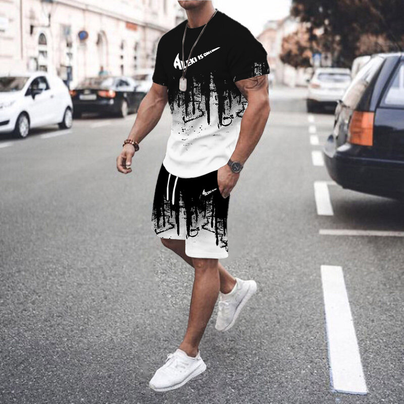 Hot selling summer T-shirt+shorts 2-piece set for men's casual fitness jogging sportswear, hip-hop breathable short sleeved set