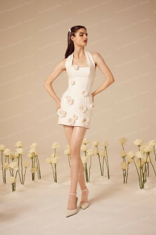 Sempre bonita-vestido de cetim branco para as mulheres, comprimento mini, colar halter, personalizado, qualquer cor, flores 3d, vestido de baile