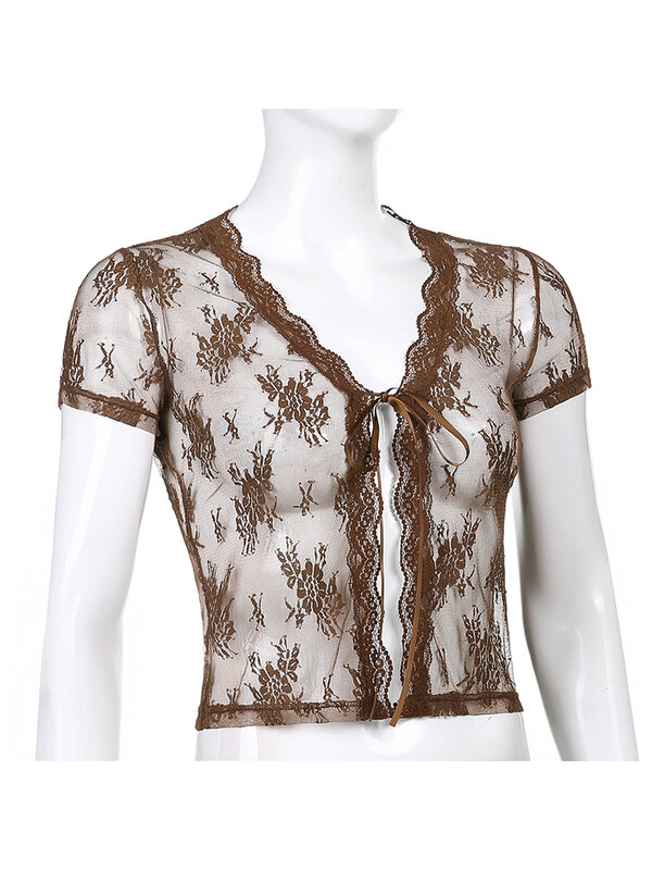 Sweetown Brown Vintage Baru Lace Crop Top Lengan Pendek See Through Sexy Mesh Tshirts WANITA V Neck Lace Up Floral Kawaii Pakaian