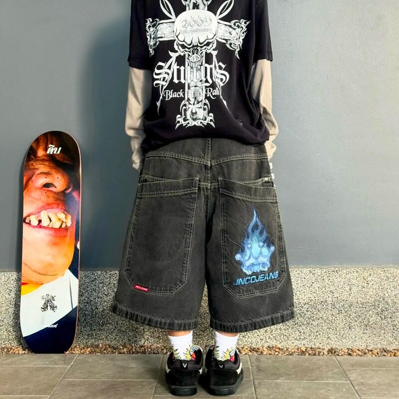 Шорты JNCO в стиле ретро хип-хоп, Y2K, с вышивкой в стиле ретро, джинсовые мешковатые джинсовые шорты для спортзала, черные брюки, мужские баскетбольные шорты с высокой талией