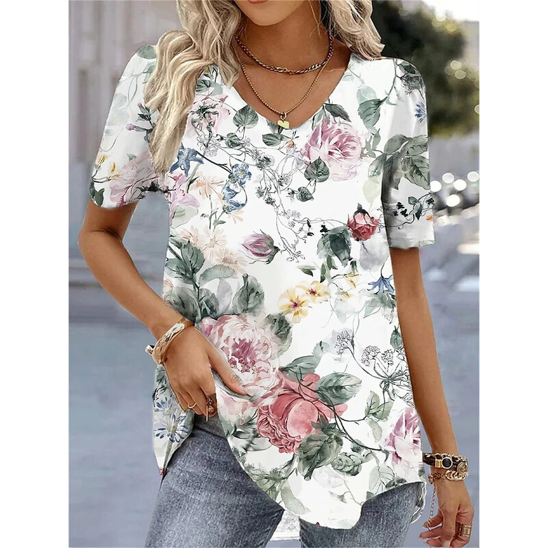 New Women's T-Shirt Summer V-Neck Tee Loose Casual Top Stripes Funny Printed Female Clothing Streetwear Women Pullover T Shirts
