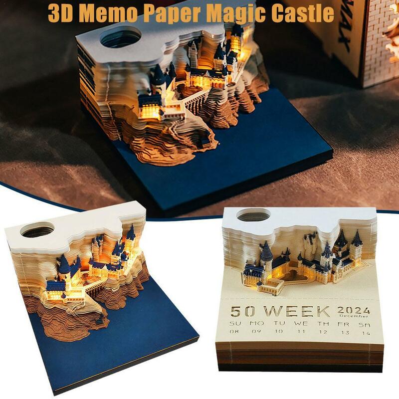 Memo Pad 3D, Memo Pad kalender meja 2024, Notepad kalender mingguan Kastil ajaib 3D dengan Aksesori alat tulis cahaya pemegang pena