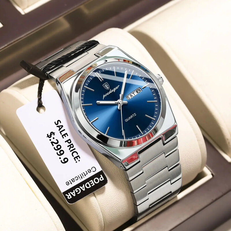 POEDAGAR luksusowy zegarek dla mężczyzny wodoodporny świecący data tydzień męski zegarek ze stali nierdzewnej Casual męskie zegarki kwarcowe męski zegar + pudełko
