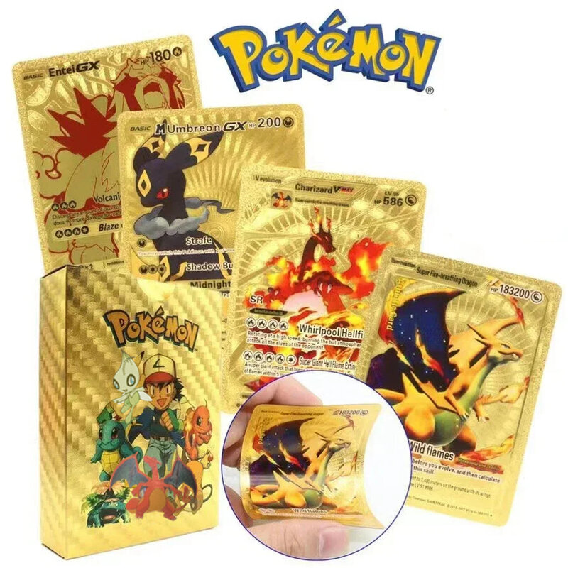 Cartas de Pokémon de colección, 55 piezas, doradas, Ultra raras, 3D, Pikachu, Charizard, coloridas, doradas, Vmax, DX, GX, plateadas y negras