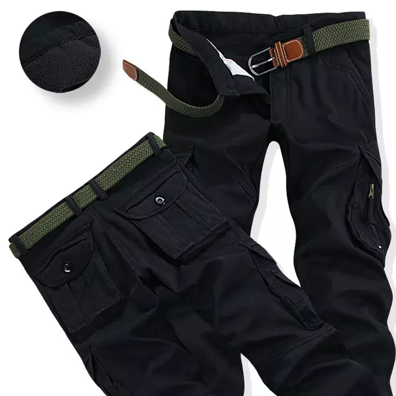 Men's Winter Pant Thick Warm Cargo Pant Casual Fleece Pocket Fur Trouser Plus Size Brushed Fashion Loose Baggy Joger Worker Male