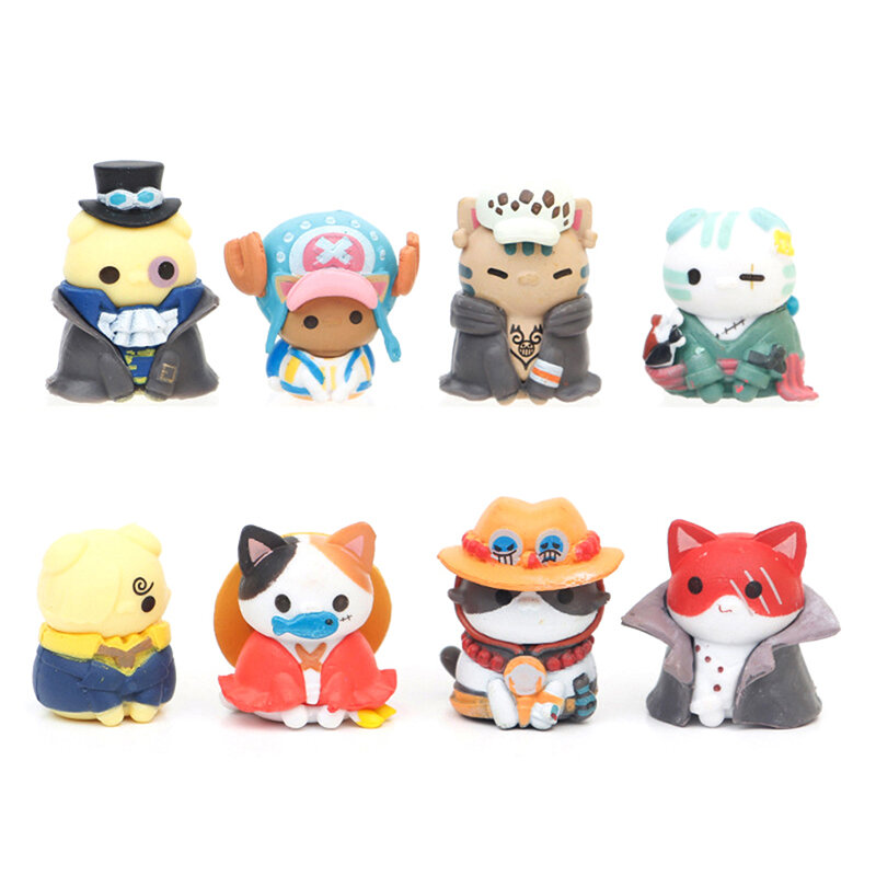 8PCS/Set Anime Cat One Pieces Figures PVC Q Version Doll Luffy Chopper Action Figure Room Decoration Cartoon Kawaii Toy Kid Gift