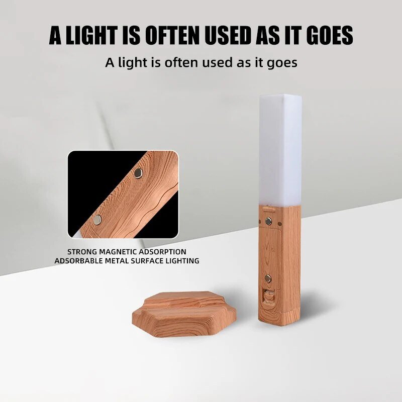 Grão de madeira LED carregamento humanbody sensor luz inteligente casa luz de indução magnética, luz noturna multifuncional, 3 em 1