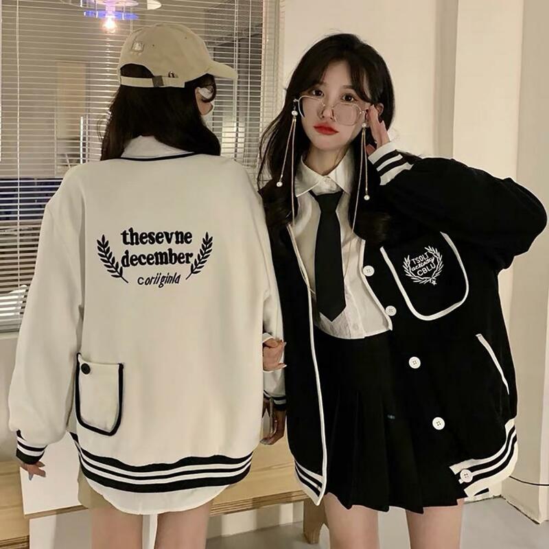 Baseball Jacket  Single Breasted   Women Coat Women Loose Fit Casual Stitching Color Outwear