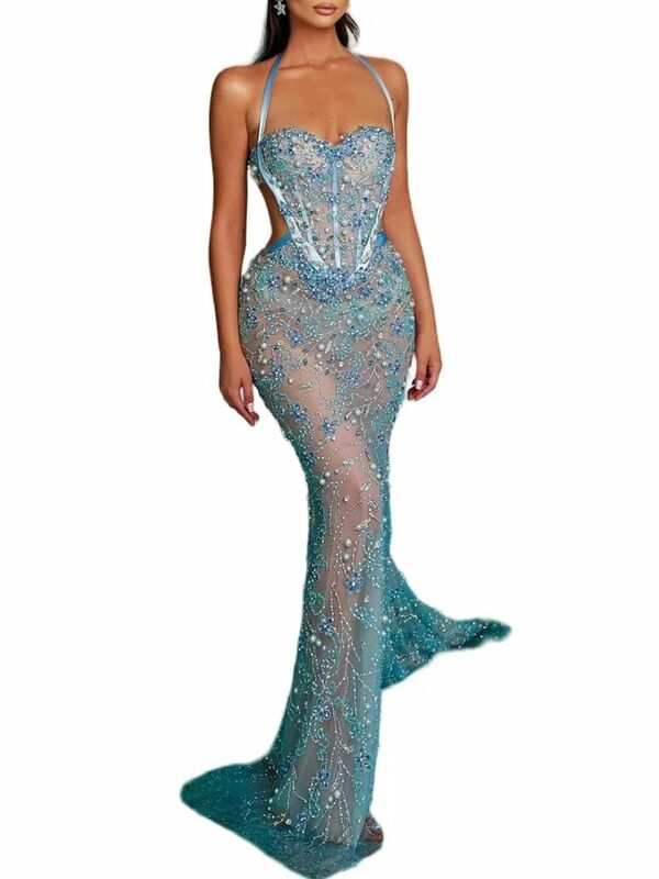 Sexy Women Prom Dress Halter Neck Sweetheart Beads Flowers Mermaid Formal Occasion Dresses Sleeveless Party Gown