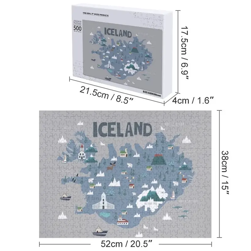IJsland Geïllustreerde Kaart Legpuzzel Op Maat Hout Gepersonaliseerde Naam Gepersonaliseerde Baby Object Puzzel