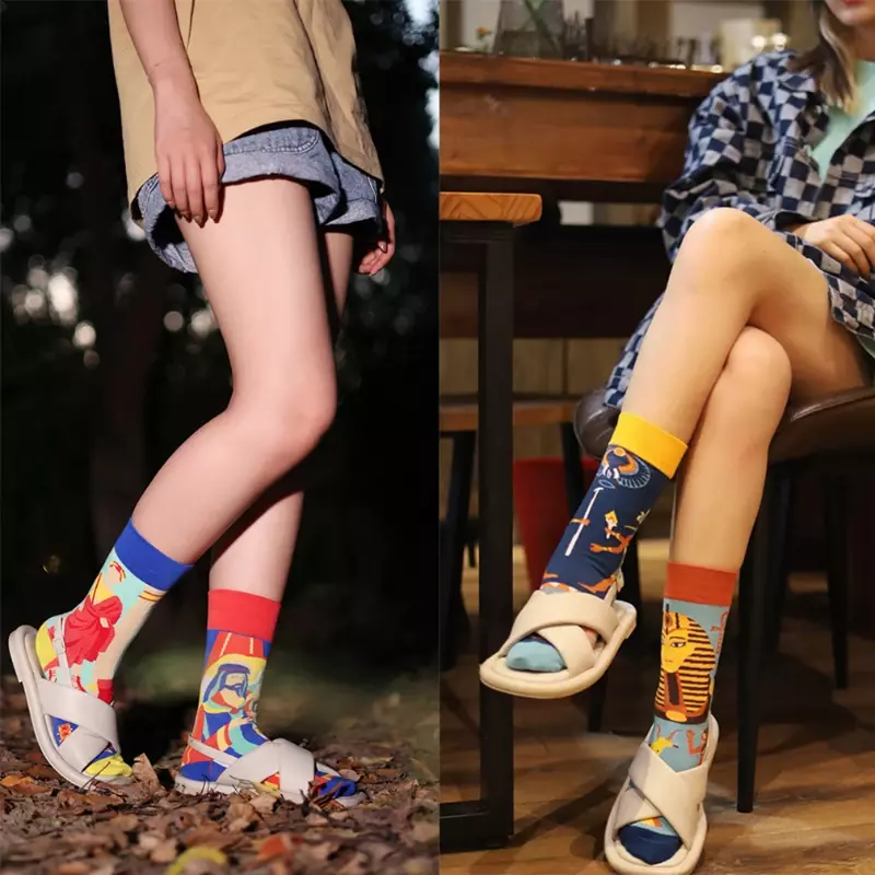 Асимметричные хлопковые носки для пар, Модные цветные спортивные носки средней и высокой длины с ушками-мандаринами AB
