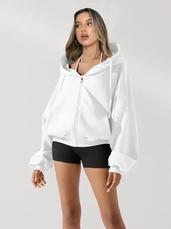 New drawstring hoodie loose sports sweatshirt long sleeve zipper cardigan women's jacket