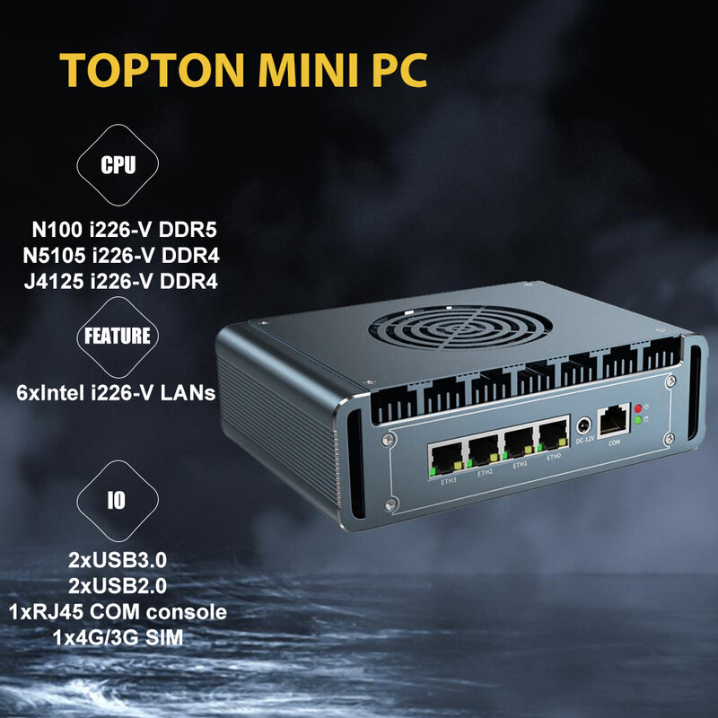 Fanless N100 Celeron N5105 J4125 Mini PC industriale Micro Firewall 4*2.5gbe i226 LAN Mini Computer SIM Slot rete domestica Pfsense