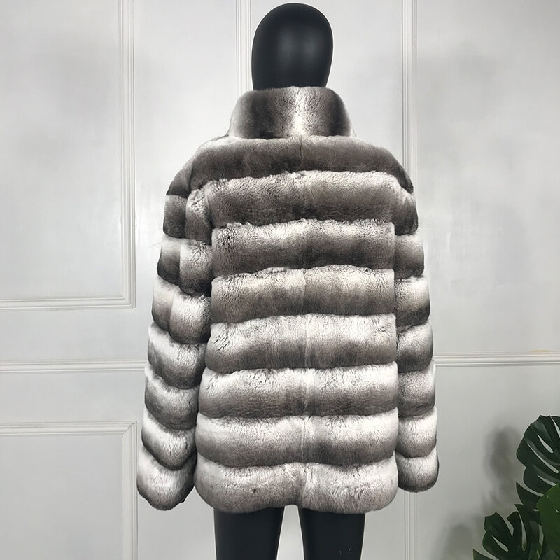 Chinchilla Fur Coat Jacket Real Rabbit Fur Outwear Stand Collar High Fashion Overcoat