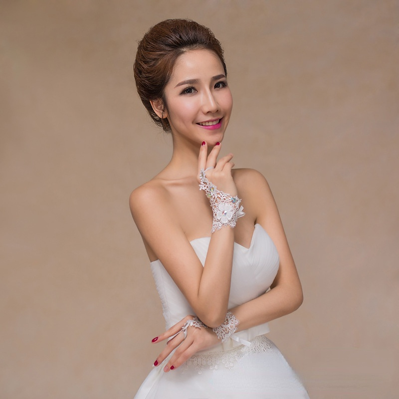 Neue Braut Bunte Kristalle Spitze Spitze Ausschnitt Diamant Fingerlose Mesh Hochzeit Handschuhe