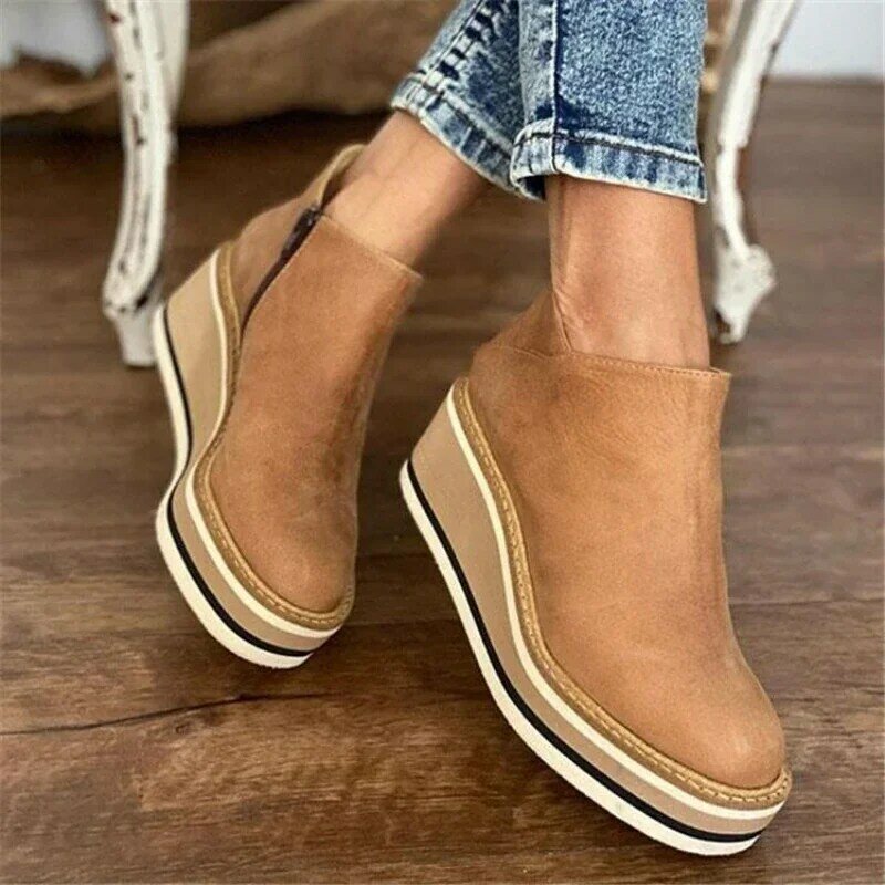 Wedges Women's Boots Retro Female Ankle Boots Trend Round Toe Platform Booties Comfortable Zipper Leather Shoes for Women Heeled